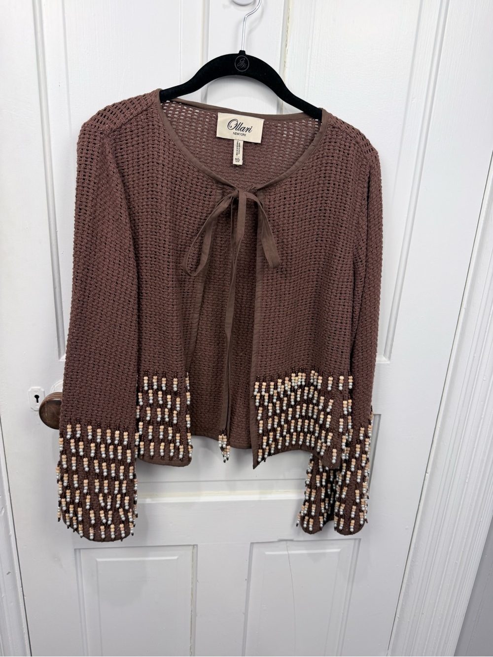Tolani Brown Beaded Tie-Front Cardigan Sweater